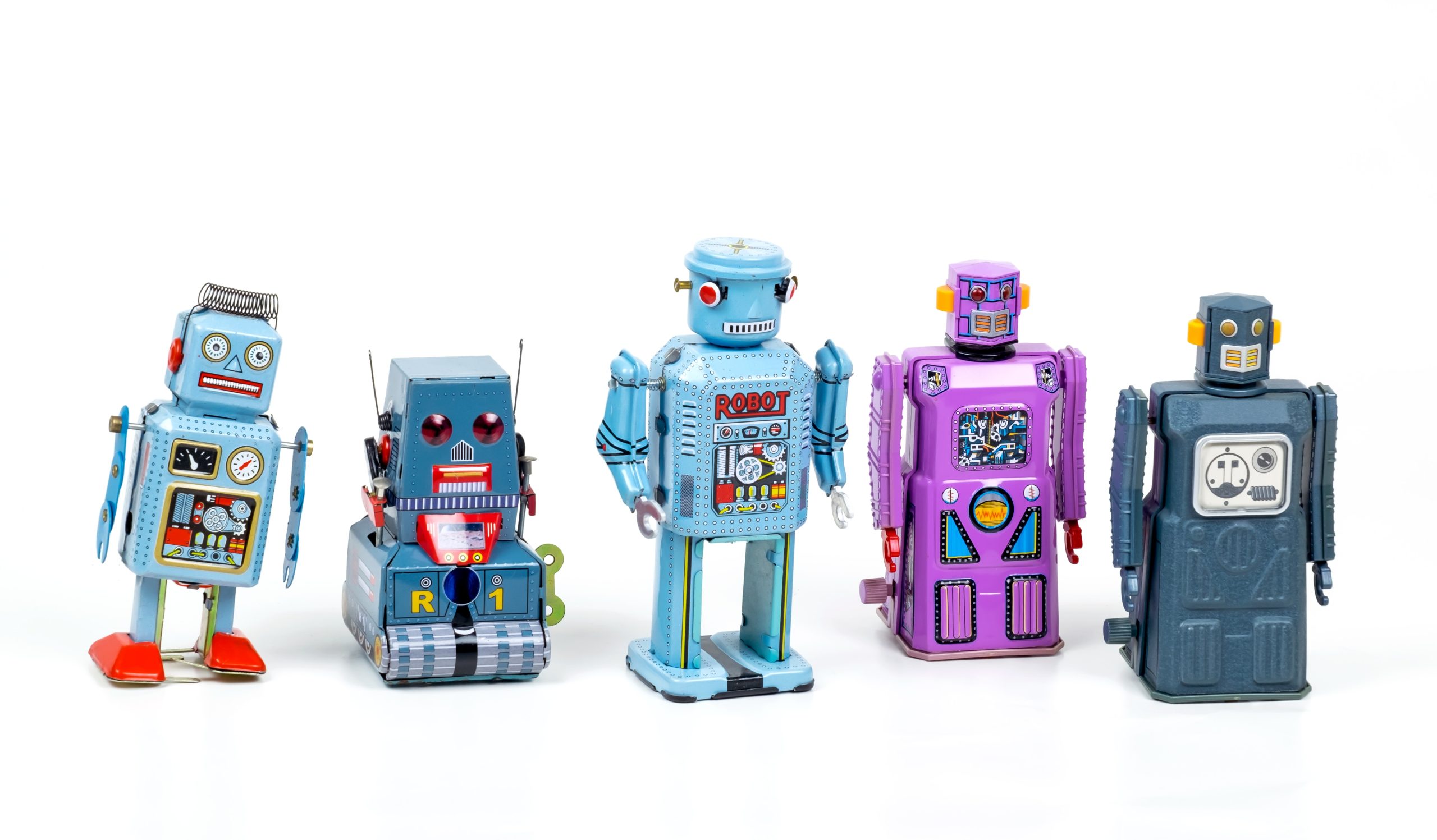 a row of robot figurines